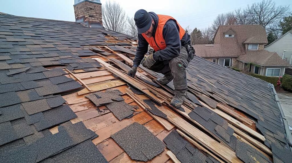 Worker spreading a tarp over shingles on a residential roof with ladders and tools nearby during renovations.
