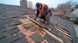 Worker spreading a tarp over shingles on a residential roof with ladders and tools nearby during renovations.