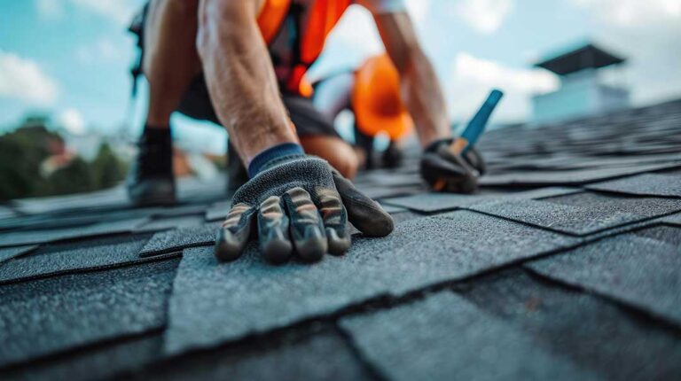 Hands compare a new asphalt shingle with weathered shingles on a residential roof.