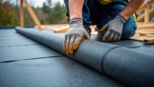 Uneven shingles and loose flashing visible on a residential roof beside a ladder and gutter.